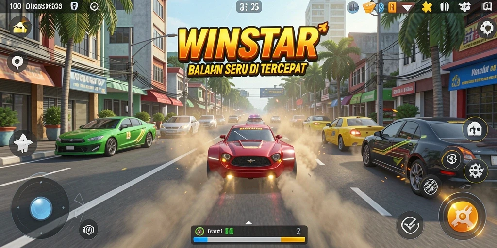 Screenshot gameplay WINSTAR menampilkan balapan mendebarkan dengan mobil cepat.